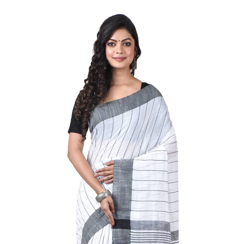 White-black Handwoven Pure Cotton Jamdani Traditional Saree with attach running blouse