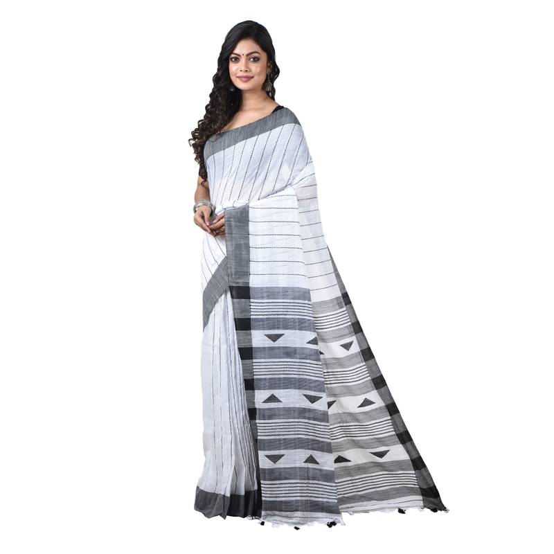 White-black Handwoven Pure Cotton Jamdani Traditional Saree with attach running blouse