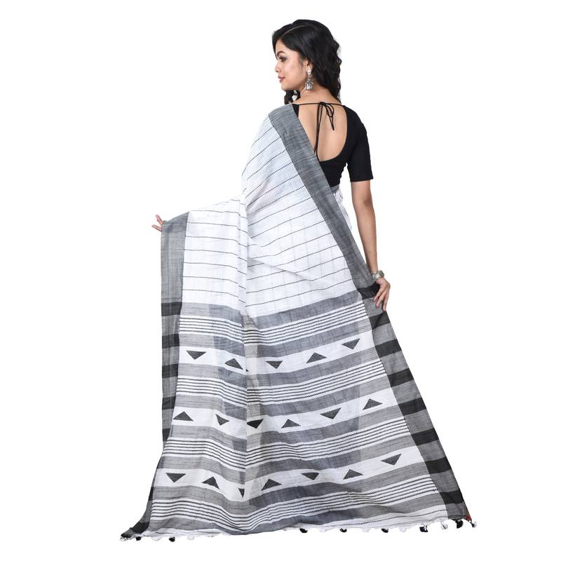 White-black Handwoven Pure Cotton Jamdani Traditional Saree with attach running blouse