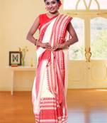 White-red Handloom Pure Cotton Puja Special Jamdani Traditional Saree with attach running blouse