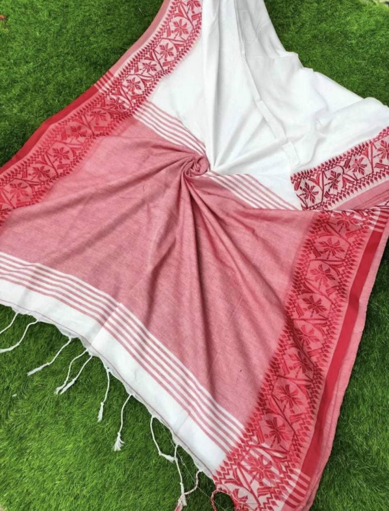 White-red Handloom Pure Cotton Puja Special Jamdani Traditional Saree with attach running blouse