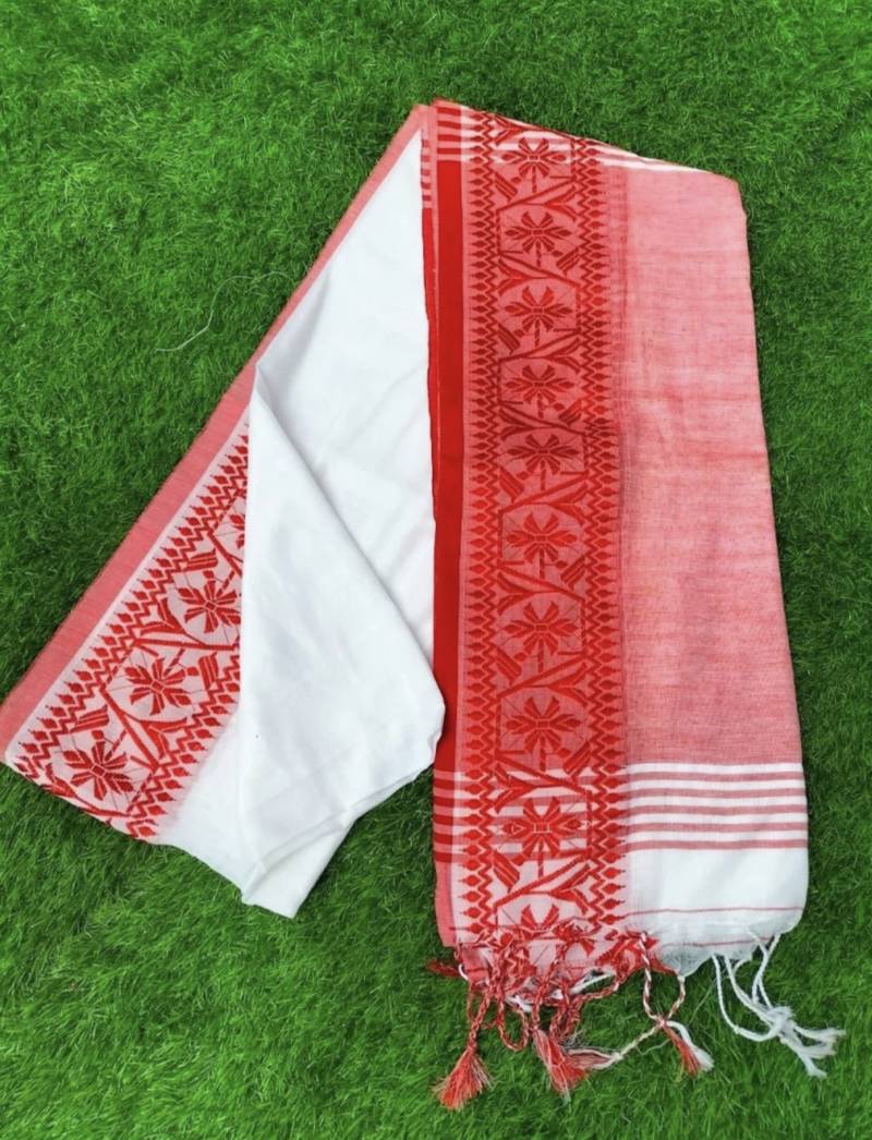 White-red Handloom Pure Cotton Puja Special Jamdani Traditional Saree with attach running blouse