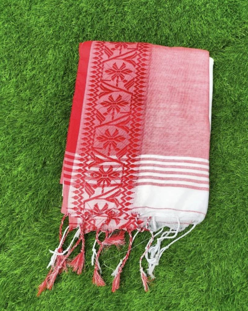 White-red Handloom Pure Cotton Puja Special Jamdani Traditional Saree with attach running blouse