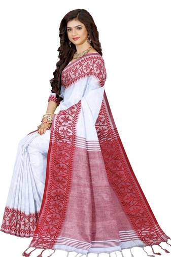White-red Handloom Pure Cotton Puja Special Jamdani Traditional Saree with attach running blouse