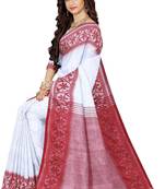 White-red Handloom Pure Cotton Puja Special Jamdani Traditional Saree with attach running blouse