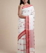 White-red Handloom Pure Cotton Puja Special Jamdani Traditional Saree with attach running blouse
