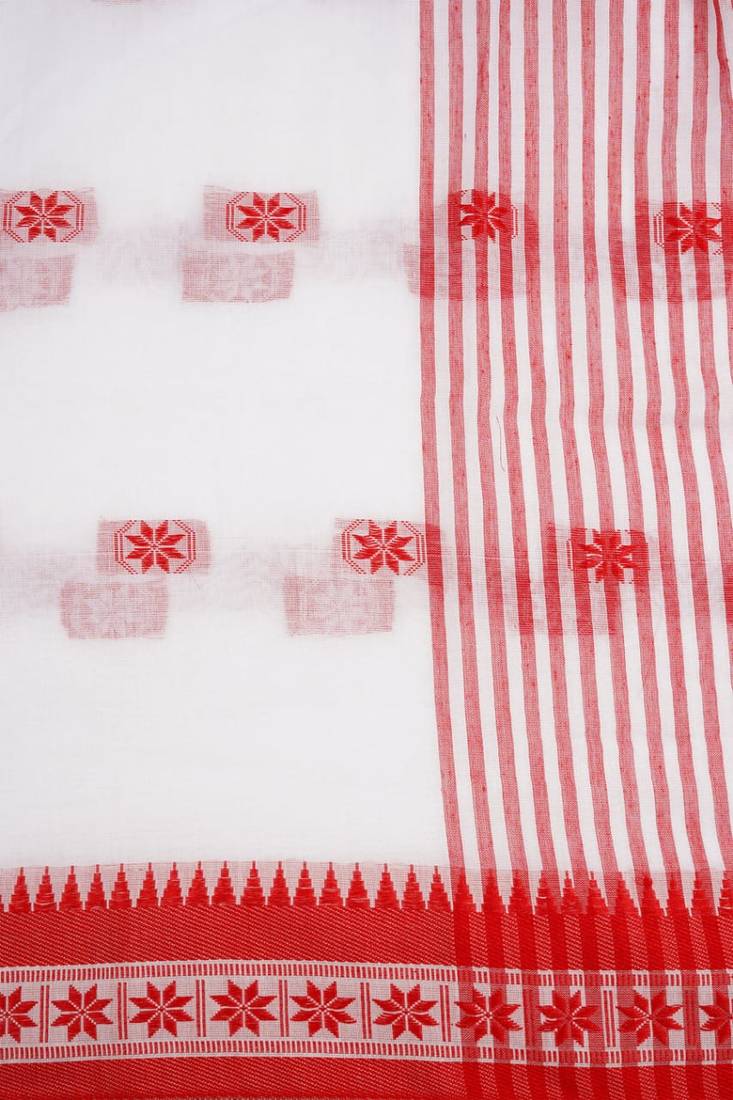 White-red Handloom Pure Cotton Puja Special Jamdani Traditional Saree with attach running blouse