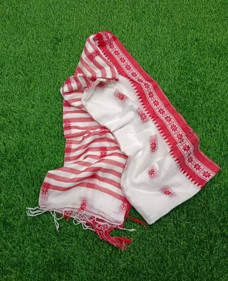 White-red Handloom Pure Cotton Puja Special Jamdani Traditional Saree with attach running blouse