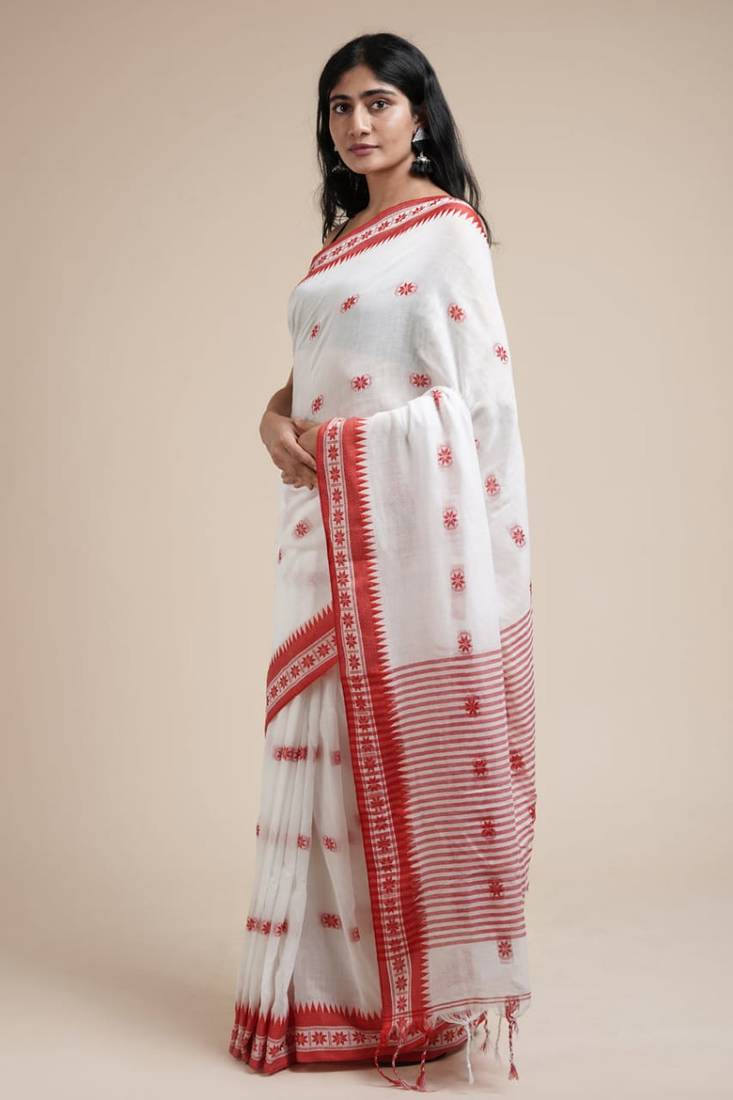 White-red Handloom Pure Cotton Puja Special Jamdani Traditional Saree with attach running blouse