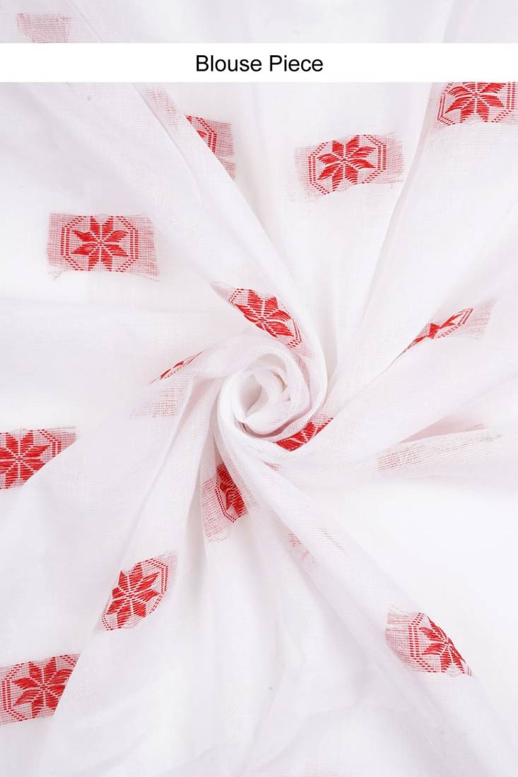 White-red Handloom Pure Cotton Puja Special Jamdani Traditional Saree with attach running blouse