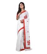 White-red Handloom Pure Cotton Puja Special Applique work Jamdani Traditional Saree with attach running blouse