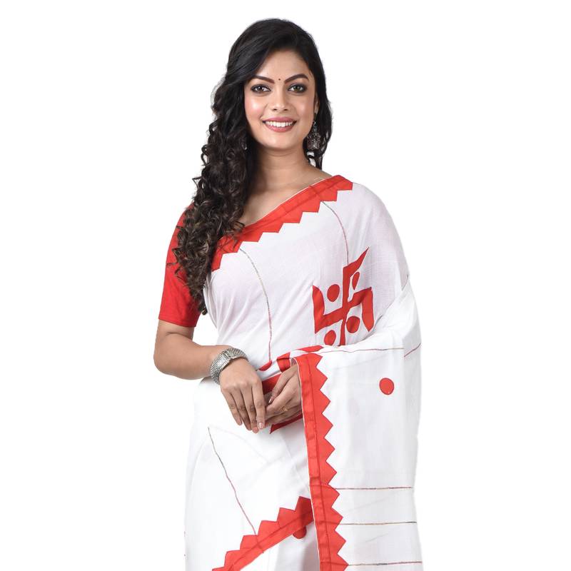 White-red Handloom Pure Cotton Puja Special Applique work Jamdani Traditional Saree with attach running blouse
