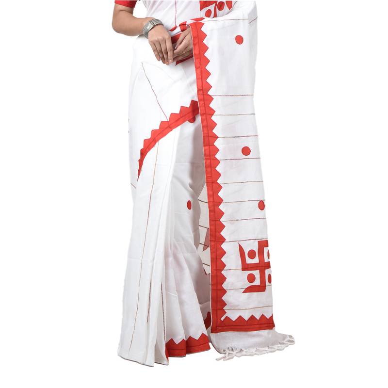 White-red Handloom Pure Cotton Puja Special Applique work Jamdani Traditional Saree with attach running blouse