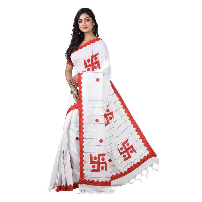 White-red Handloom Pure Cotton Puja Special Applique work Jamdani Traditional Saree with attach running blouse
