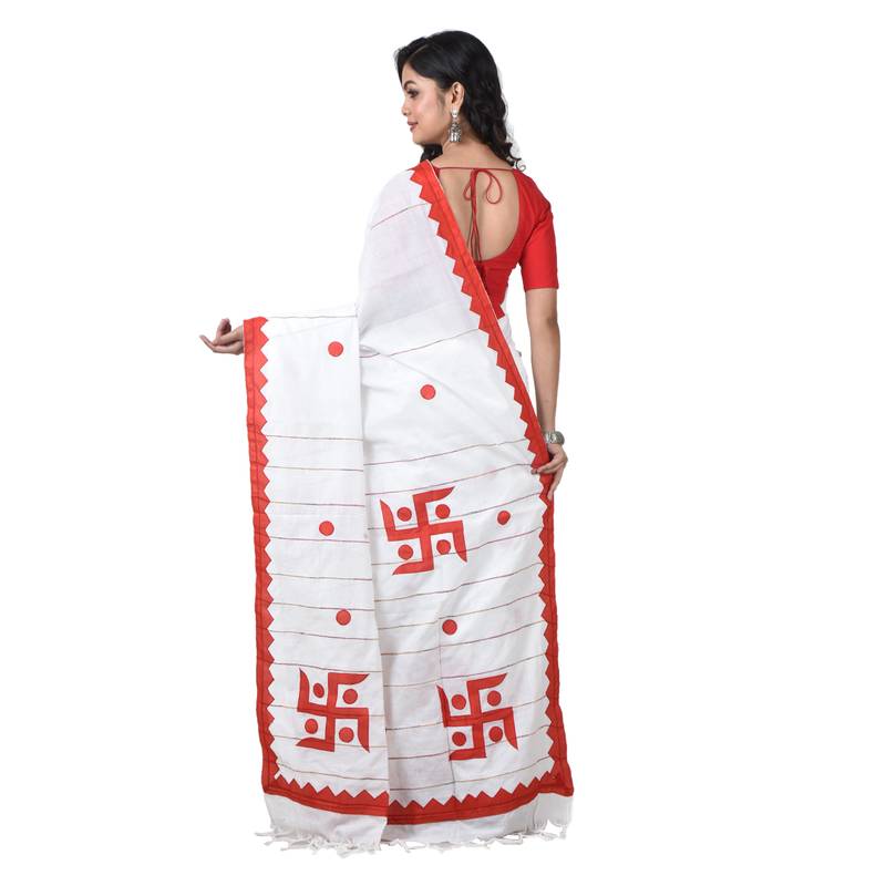 White-red Handloom Pure Cotton Puja Special Applique work Jamdani Traditional Saree with attach running blouse