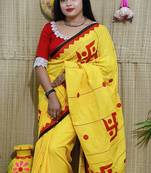 Yellow Handloom Pure Cotton Puja Special Applique work Jamdani Traditional Saree with attach running blouse