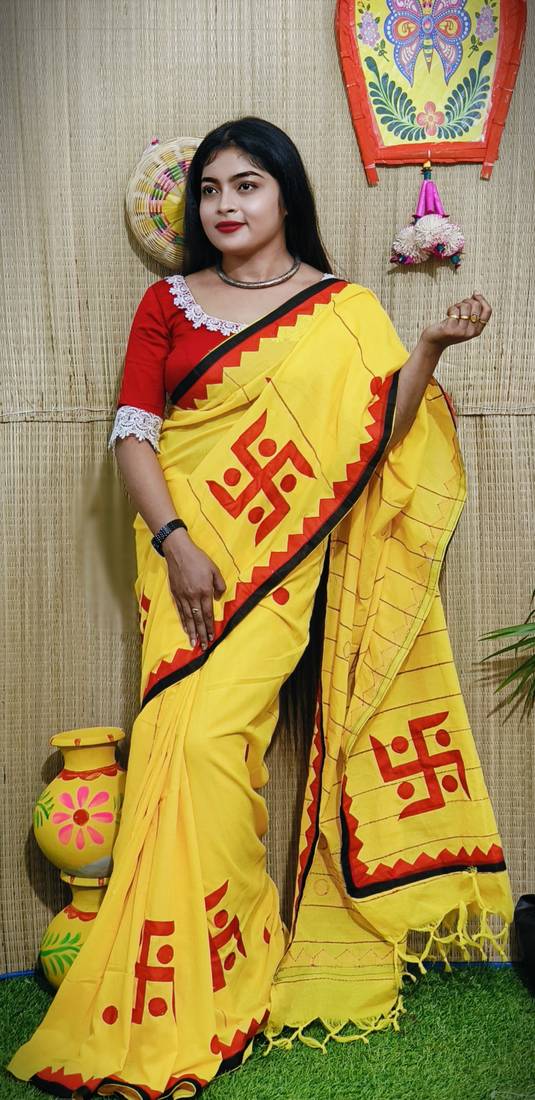 Yellow Handloom Pure Cotton Puja Special Applique work Jamdani Traditional Saree with attach running blouse