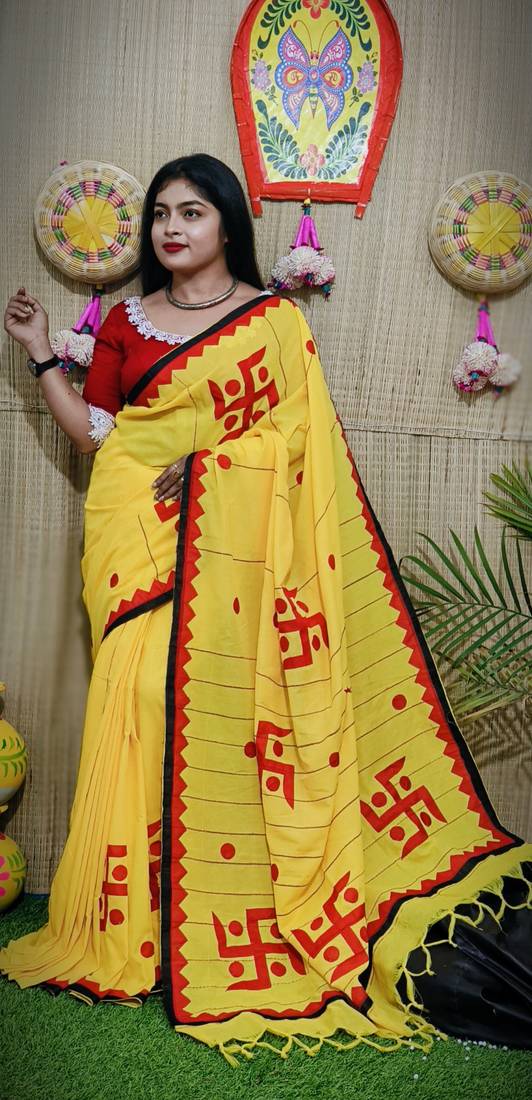 Yellow Handloom Pure Cotton Puja Special Applique work Jamdani Traditional Saree with attach running blouse