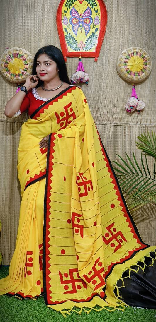 Yellow Handloom Pure Cotton Puja Special Applique work Jamdani Traditional Saree with attach running blouse