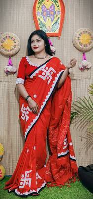 Red  Handloom Pure Cotton Puja Special Applique work Jamdani Traditional Saree with attach running blouse 1