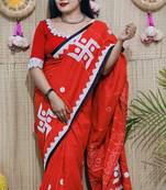 Red  Handloom Pure Cotton Puja Special Applique work Jamdani Traditional Saree with attach running blouse