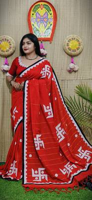 Red  Handloom Pure Cotton Puja Special Applique work Jamdani Traditional Saree with attach running blouse 2