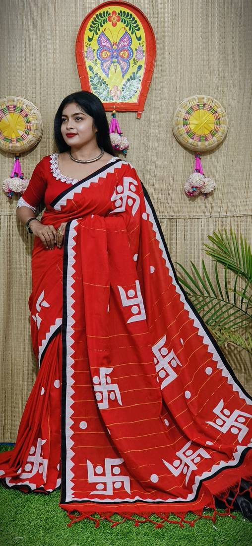 Red  Handloom Pure Cotton Puja Special Applique work Jamdani Traditional Saree with attach running blouse