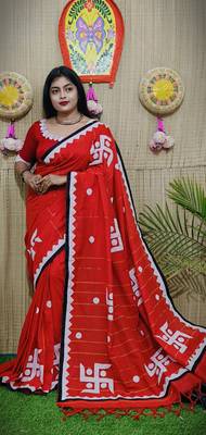 Red  Handloom Pure Cotton Puja Special Applique work Jamdani Traditional Saree with attach running blouse 3