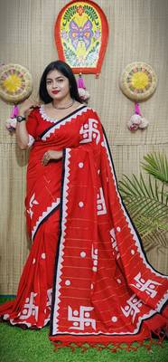 Red  Handloom Pure Cotton Puja Special Applique work Jamdani Traditional Saree with attach running blouse 4