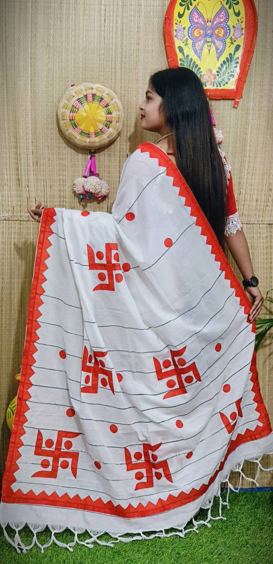 White-red Handloom Pure Cotton Puja Special Applique work Jamdani Traditional Saree with attach running blouse