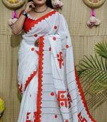White-red Handloom Pure Cotton Puja Special Applique work Jamdani Traditional Saree with attach running blouse