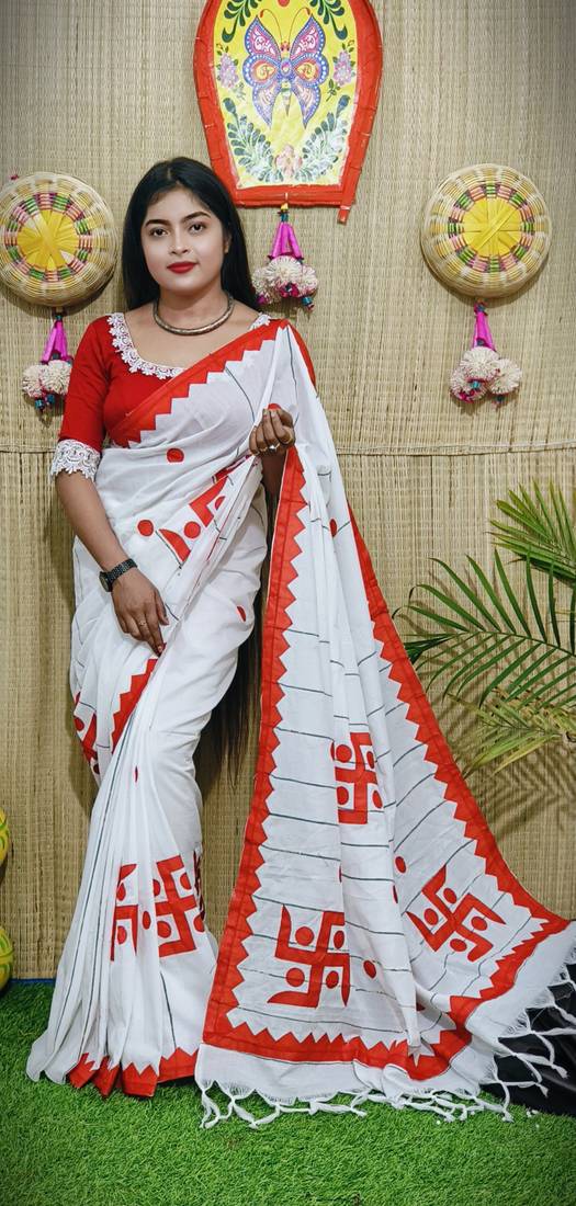 White-red Handloom Pure Cotton Puja Special Applique work Jamdani Traditional Saree with attach running blouse