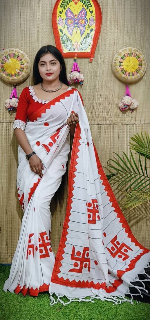 White-red Handloom Pure Cotton Puja Special Applique work Jamdani Traditional Saree with attach running blouse