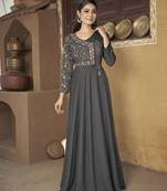 Dark grey color maslin silk heavy embroidered gown
