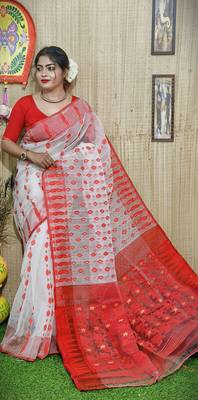 White-Red Cotton Silk Jamdani Work Traditional Saree Without Blouse Piece 2