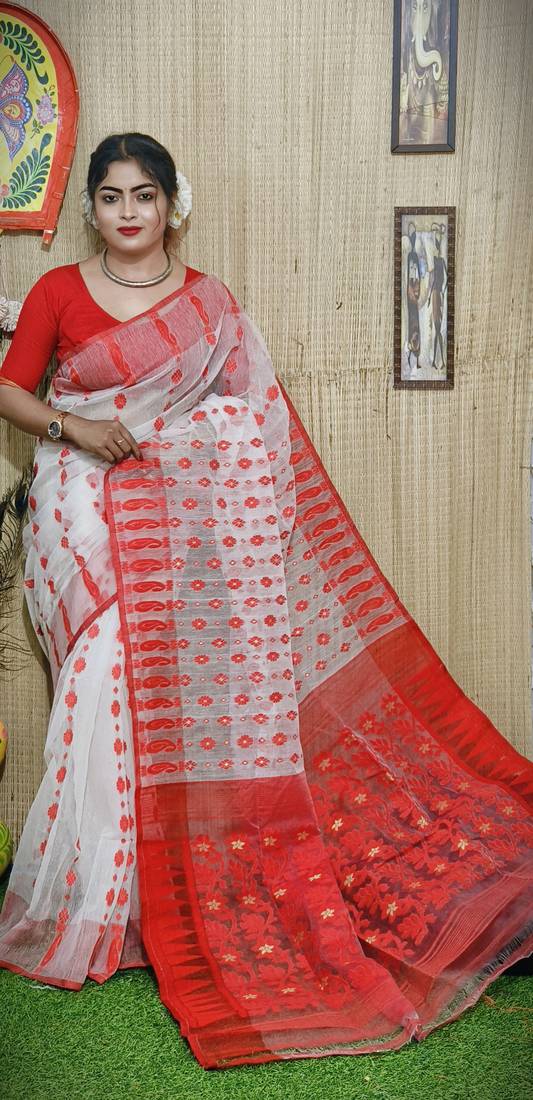 White-Red Cotton Silk Jamdani Work Traditional Saree Without Blouse Piece