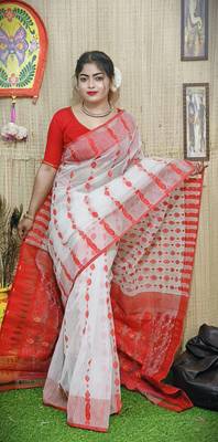 White-Red Cotton Silk Jamdani Work Traditional Saree Without Blouse Piece 1