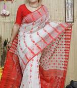 White-Red Cotton Silk Jamdani Work Traditional Saree Without Blouse Piece