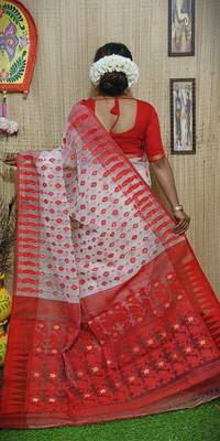 White-Red Cotton Silk Jamdani Work Traditional Saree Without Blouse Piece 4