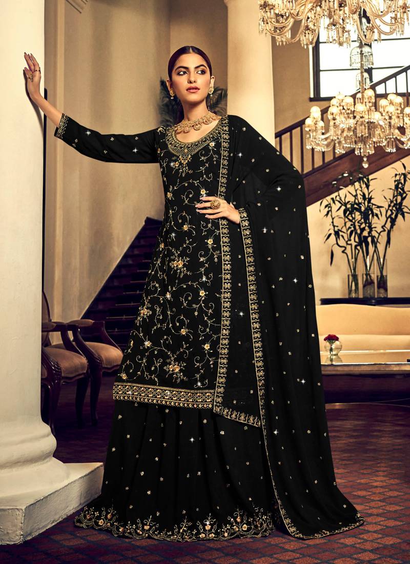 open lace back dress Glowing Black Coloured Party Wear Floral Embroidered Butterfly Net Pakistani  Straight Suit
