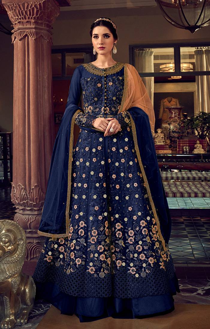 Navy blue color soft net semi stitched embroidered salwar suit
