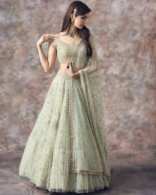 Catching Aqua Green 3MM Sequin Embroidered Net Semi Stitched Lehenga Choli 1
