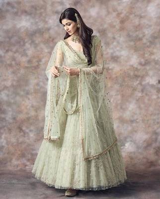 Catching Aqua Green 3MM Sequin Embroidered Net Semi Stitched Lehenga Choli 2