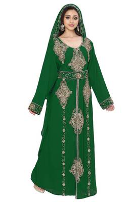 Dark Green color Full Sleeves Handmade Moroccan Kaftan Style Embroidered zari work hijab 1