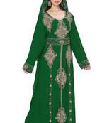 Dark Green color luxurious Full Sleeves Handmade Moroccan Kaftan Style Embroidered zari work hijab