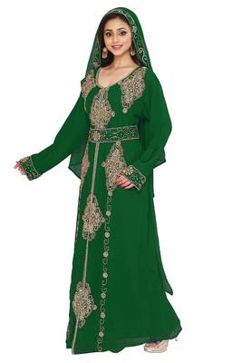 Dark Green color Full Sleeves Handmade Moroccan Kaftan Style Embroidered zari work hijab 2