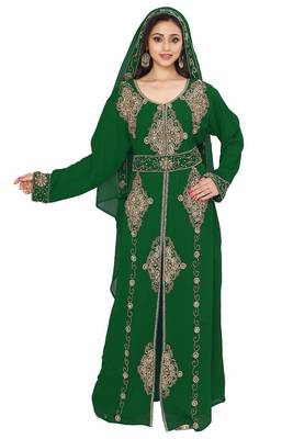Dark Green color Full Sleeves Handmade Moroccan Kaftan Style Embroidered zari work hijab 3