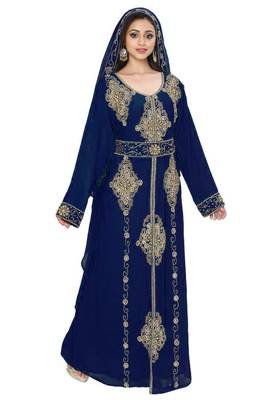 Navy-Blue color Full Sleeves Handmade Moroccan Kaftan Style Embroidered zari work hijab 1