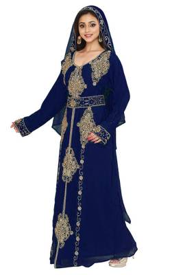 Navy-Blue color Full Sleeves Handmade Moroccan Kaftan Style Embroidered zari work hijab 2
