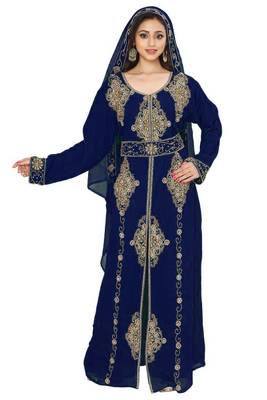 Navy-Blue color Full Sleeves Handmade Moroccan Kaftan Style Embroidered zari work hijab 3